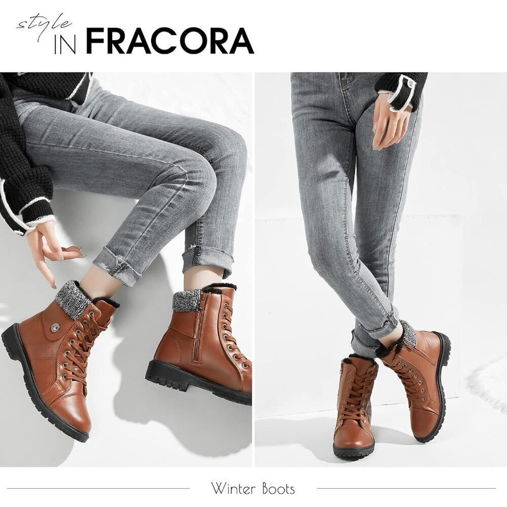 Women's Brown FRACORA PU Leather Combat Boots Fur Lined Side Zipper Winter - Picture 6 of 6